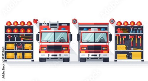 Detailed vector illustration showing two red firefighter trucks and their corresponding equipment neatly organized on shelves against a clean white background, presented in a flat design