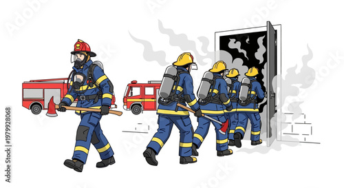 A team of firefighters, depicted in a flat vector illustration, are shown entering a burning building with axes in hand, the scene designed with smoke effects and a fire truck visible