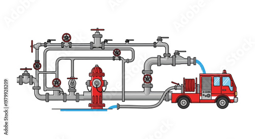 Detailed vector illustration showcasing a red firefighter truck connected to an intricate network of silver pipes and valves, with water flowing, set against a clean white background