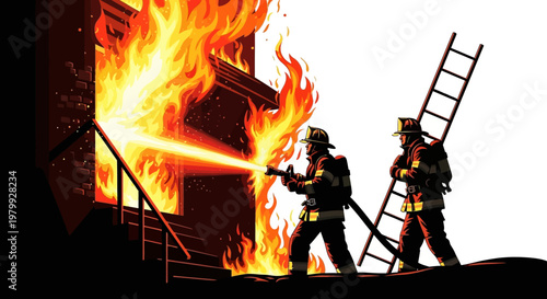 Dramatic vector illustration of two firefighters battling a house fire with a ladder visible, showcasing a bold design against a white background, emphasizing the intensity and urgency