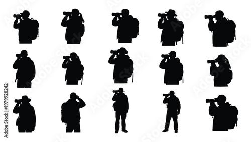 A collection of black silhouettes depicts various photographers with cameras capturing moments from different angles and positions high quality professional detailed