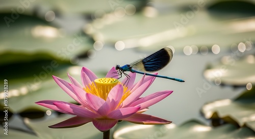 Ebony jewelwing damselfly resting on a blooming pink lotus dragonfly d