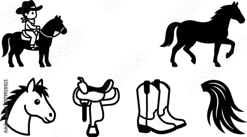 Black silhouette horse rider with saddle cowboy boots and mane vector art