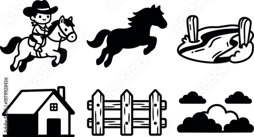 Cowboy riding horse horse silhouette and stable farm elements