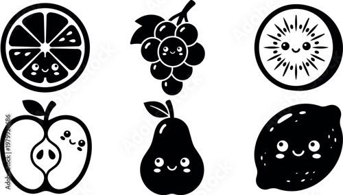 Black and white kawaii style happy fruit faces vector art icons