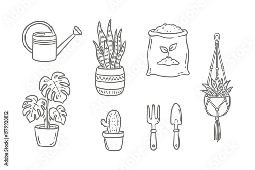 Urban jungle gardening doodle set. Trendy line art featuring monstera, cactus, watering can, macrame plant hanger, and garden tools. Perfect for plant lover stickers and aesthetic home decor.