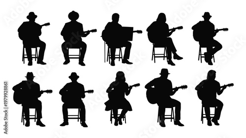 A collection of black silhouette figures depicting musicians seated while playing various stringed instruments and a trumpet high quality professional detailed