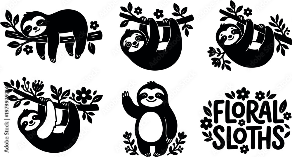Fototapeta premium Black and white floral sloths playful hanging on branches vector art