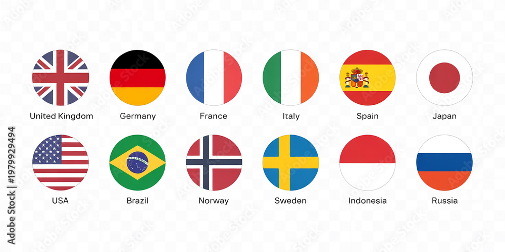 Naklejka premium Vector set of 12 circular world flags with country names.