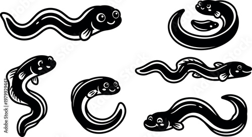 Black and white line art smiling eel fish set with various poses