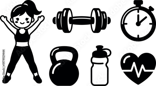 Black and white fitness icons with jumping woman kettlebell dumbbell stopwatch water bottle and heart rate