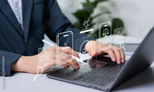Fotografi Businessman managing AI compliance and policy governance, regulation framework, ethics and legal standards, responsibility checklist and document control for artificial intelligence technology
