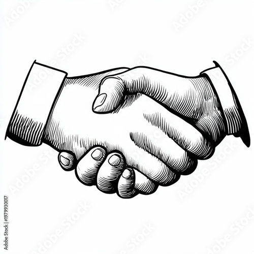 Hand Drawn Handshake Black and White Illustration in Minimal Line Art Style Design