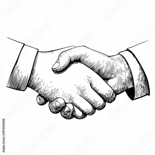 Hand Drawn Handshake Black and White Illustration in Minimal Line Art Style Design