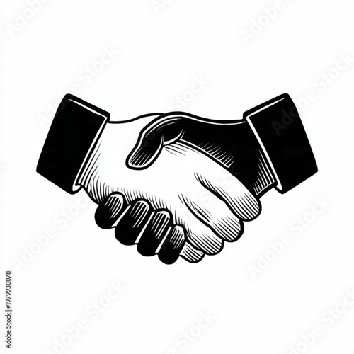 Hand Drawn Handshake Black and White Illustration in Minimal Line Art Style Design