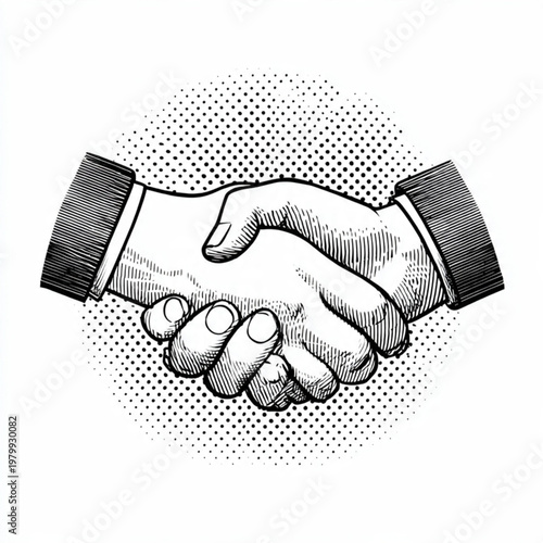 Hand Drawn Handshake Black and White Illustration in Minimal Line Art Style Design