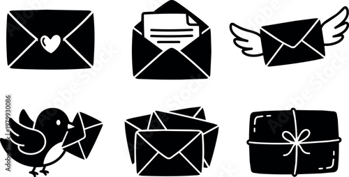 Black and white love letter envelopes with bird and gift package vector art