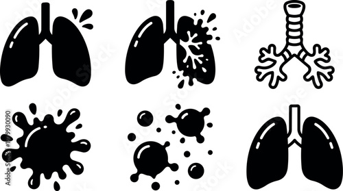 Black and white lung infection icons with splatter and bronchial tree illustration