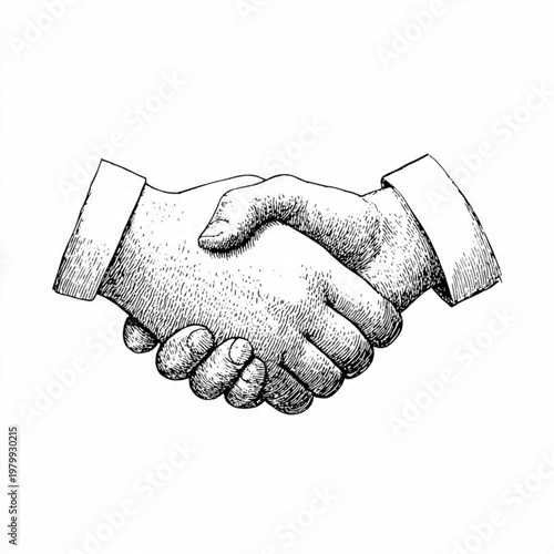 Hand Drawn Handshake Black and White Illustration in Minimal Line Art Style Design
