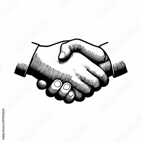 Hand Drawn Handshake Black and White Illustration in Minimal Line Art Style Design