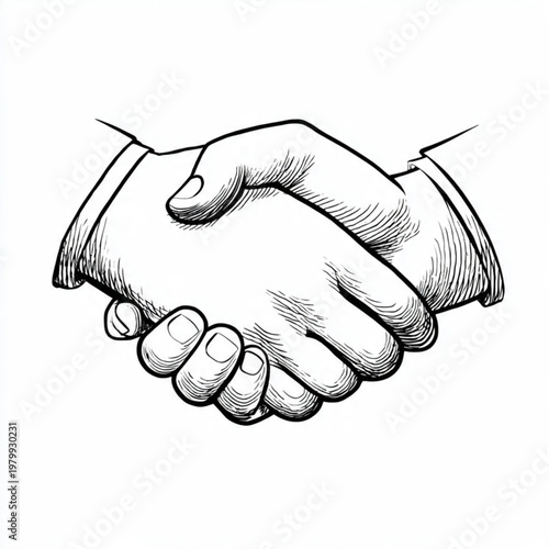 Hand Drawn Handshake Black and White Illustration in Minimal Line Art Style Design