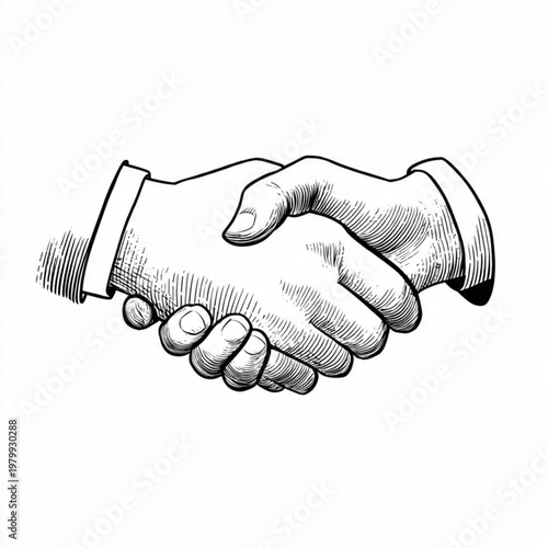 Hand Drawn Handshake Black and White Illustration in Minimal Line Art Style Design