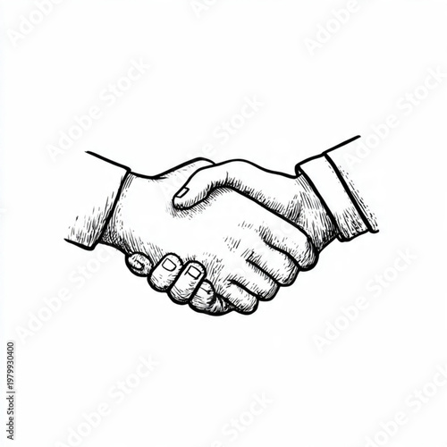 Hand Drawn Handshake Black and White Illustration in Minimal Line Art Style Design
