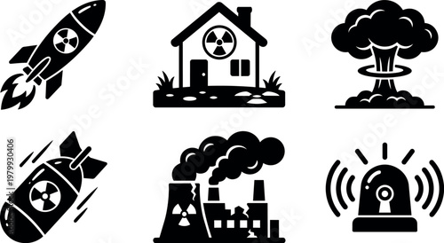 Black and white nuclear bomb explosion building radiation warning icons set