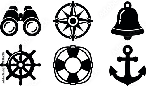 Black and white maritime icons set with anchor compass bell binoculars and lifebuoy