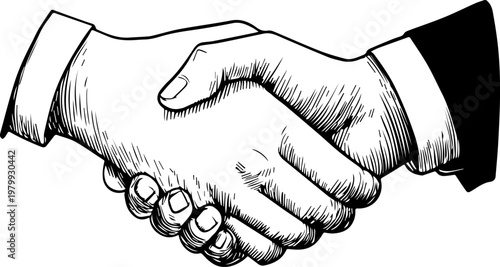 Hand Drawn Handshake Black and White Illustration in Minimal Line Art Style Design