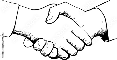 Hand Drawn Handshake Black and White Illustration in Minimal Line Art Style Design