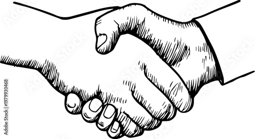 Hand Drawn Handshake Black and White Illustration in Minimal Line Art Style Design