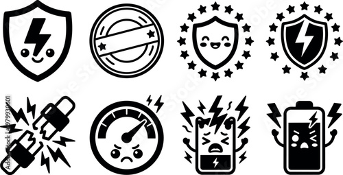 Black and white vector battery and power icons with cute faces and lightning symbols