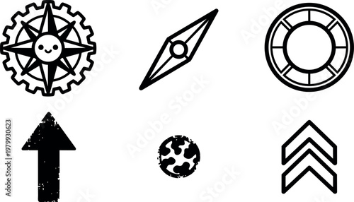 Black and white navigation compass arrow world globe and life preserver vector art