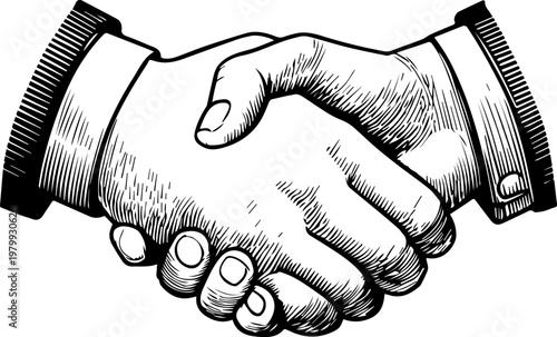 Hand Drawn Handshake Black and White Illustration in Minimal Line Art Style Design