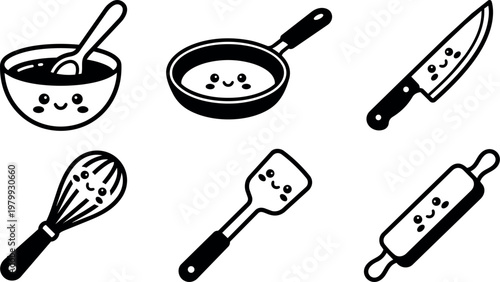 Black and white kawaii kitchen utensils set with smiling faces including bowl spoon pan knife whisk spatula rolling pin