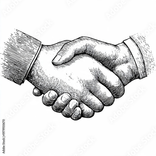 Hand Drawn Handshake Black and White Illustration in Minimal Line Art Style Design