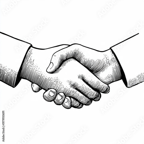 Hand Drawn Handshake Black and White Illustration in Minimal Line Art Style Design
