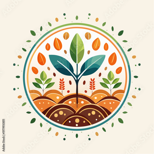 Vibrant circular emblem depicting plant growth in fertile soil, illustrating natural development and sustainable agriculture