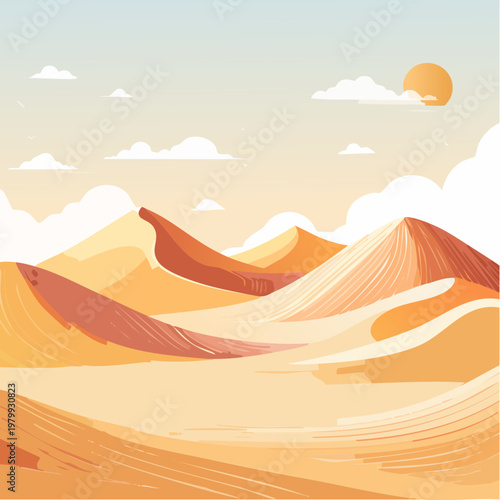 Vast Sand Dunes Under a Bright Sun in a Desert Landscape Illustration