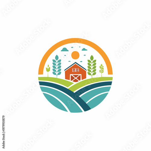 Vibrant circular farm landscape illustration with a red barn, green fields, and sun, symbolizing agriculture and rural life
