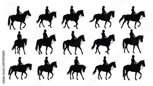 A collection of silhouettes depicts riders on horseback showcasing various poses and perspectives in a unified composition high quality professional detailed