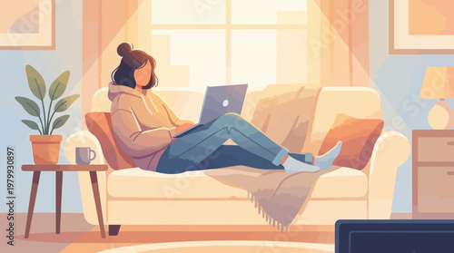 Authentic Remote Work Scene at Home Sofa with Laptop Illustration
