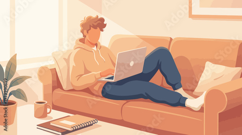 Digital Nomad Working on Laptop at Home Sofa Modern Lifestyle Vector