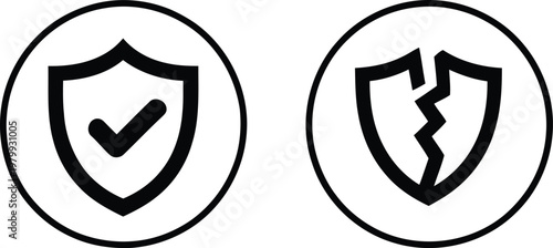 Secure shield icon with a checkmark alongside a broken shield icon representing safety and vulnerability