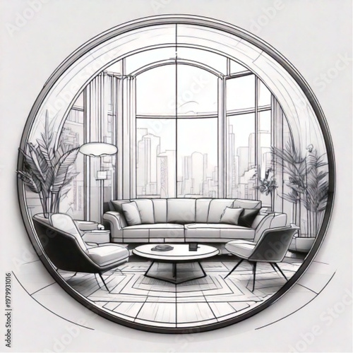 Modern Living Room Interior Design with City View.