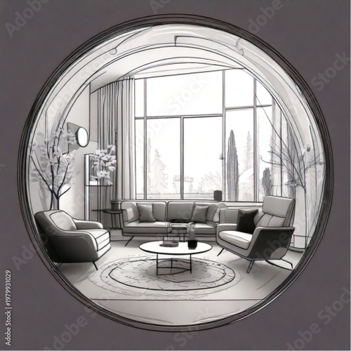 Modern living room with large windows and comfortable seating.