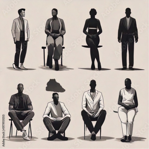 Diverse Group of People Posed in Pixel Art Style.