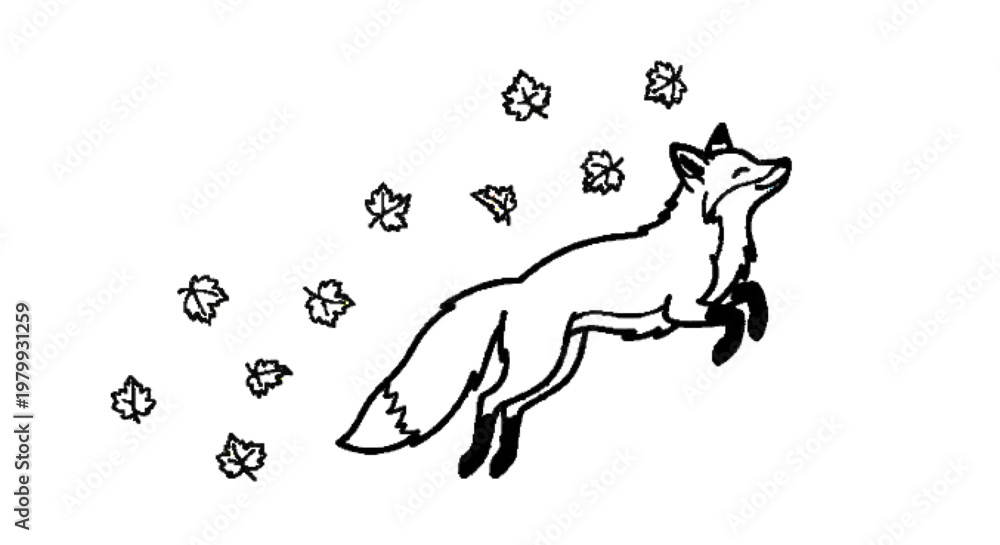 Obraz premium “playful fox jumping with falling leaves, elegant pose, clean black and white outline, minimal vector style, isolated”