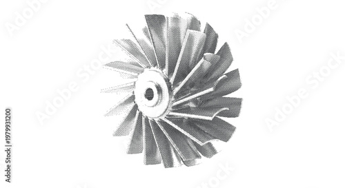 Industrial metal turbine fan impeller with multiple blades isolated on white background for mechanical engineering and jet engine propulsion system concepts